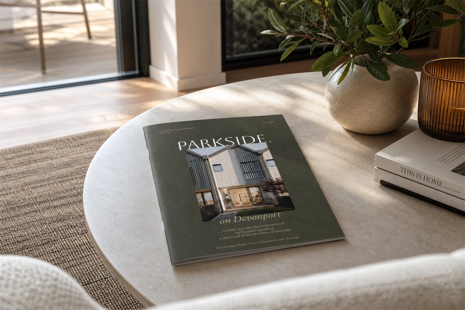 The PARKSIDE brochure on a living room coffee table