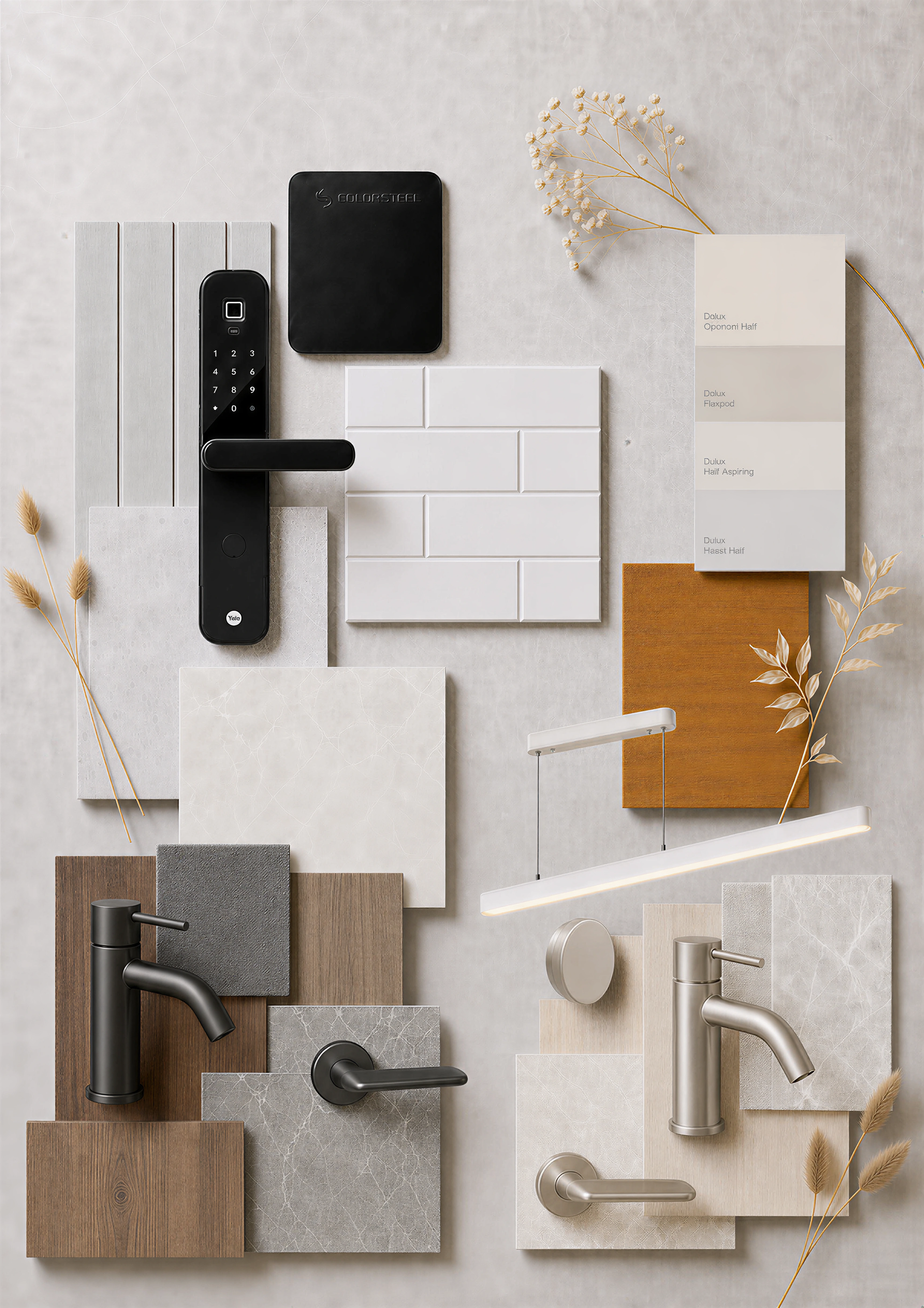 Material and hardware selections for PARKSIDE: locks, tiles, tapware, timber and paint finishes