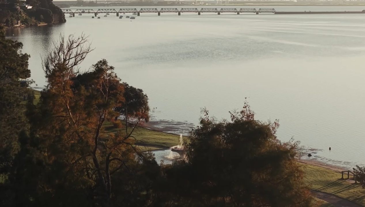 Memorial Park and the harbour at golden hour