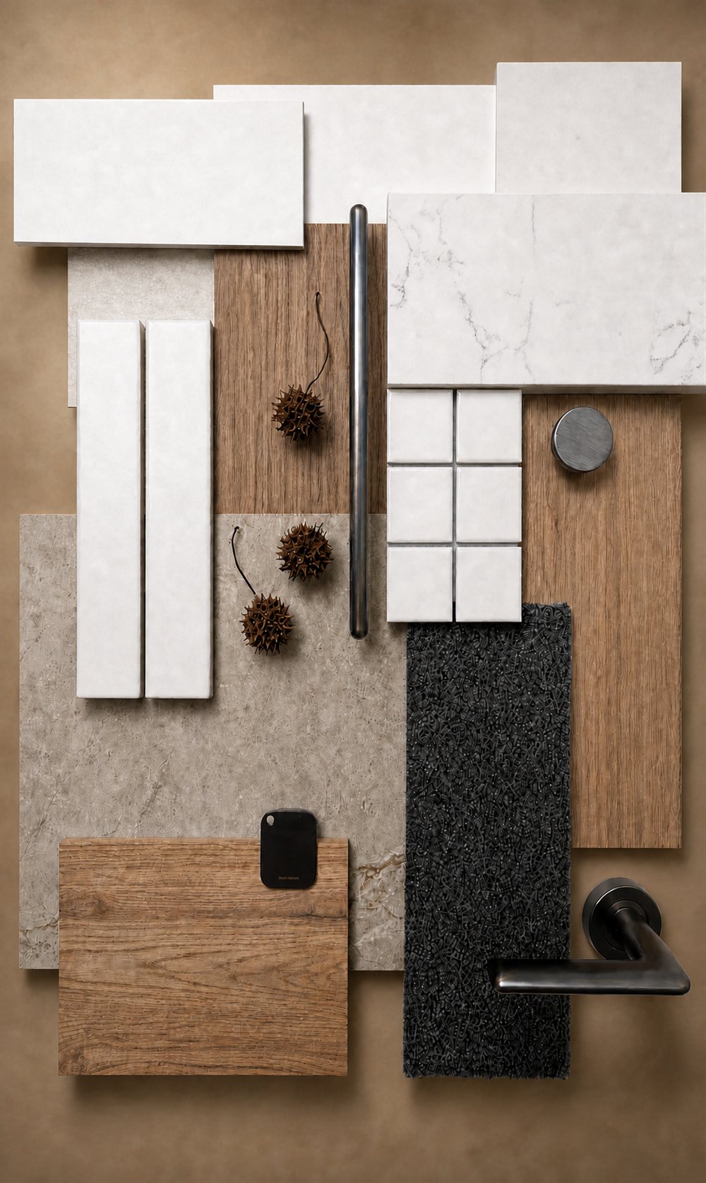 Gunmetal and Washed Walnut material scheme — deeper washed walnut, darker stone and gunmetal hardware on a warm background