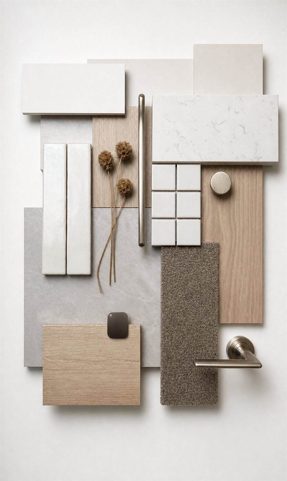 Nickel and Bleached Oak material scheme — pale bleached oak, white stone, honed tile, brushed nickel hardware and soft taupe carpet