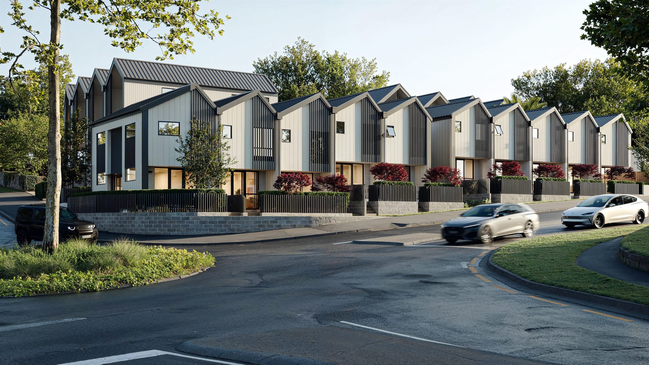 The completed PARKSIDE townhouses on Devonport Road at golden hour